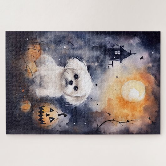 Halloween Maltese met pompoenen eng Legpuzzel (Horizontaal)
