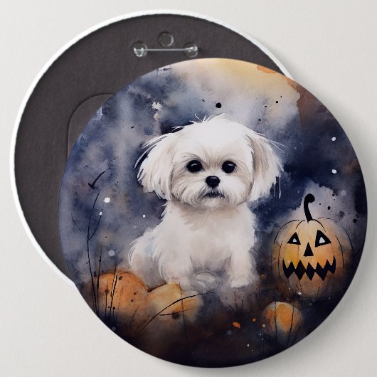 Halloween Maltese met pompoenen eng Ronde Button 6,0 Cm (Voorkant /achterkant)