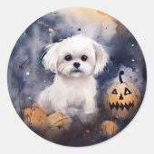 Halloween Maltese met pompoenen eng Ronde Sticker (Voorkant)