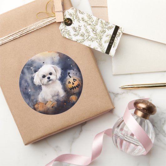 Halloween Maltese met pompoenen eng Ronde Sticker (Geschenken)