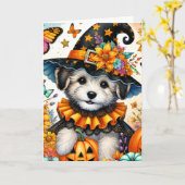 Halloween Maltezer Puppies Heks Halloween Kaart (Gele Bloem)