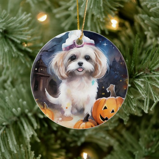 Halloween Malti Tzu met pompoenen eng Keramisch Ornament (Boom)