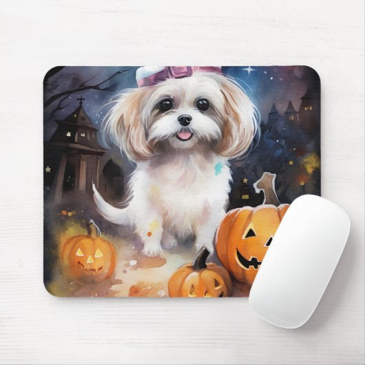 Halloween Malti Tzu met pompoenen eng Muismat (Met muis)