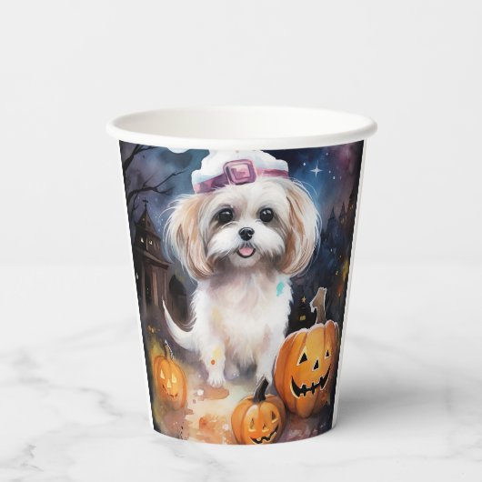 Halloween Malti Tzu met pompoenen eng Papieren Bekers (Achterkant)