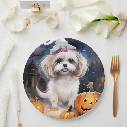 Halloween Malti Tzu met pompoenen eng Papieren Bordje (Huwelijk)