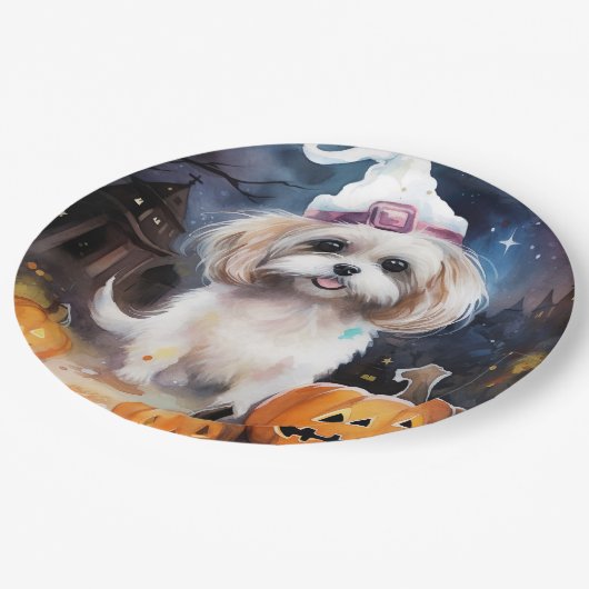 Halloween Malti Tzu met pompoenen eng Papieren Bordje (Gekanteld)