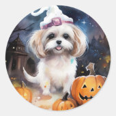 Halloween Malti Tzu met pompoenen eng Ronde Sticker (Voorkant)
