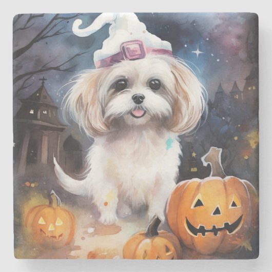 Halloween Malti Tzu met pompoenen eng Stenen Onderzetter (Voorkant)