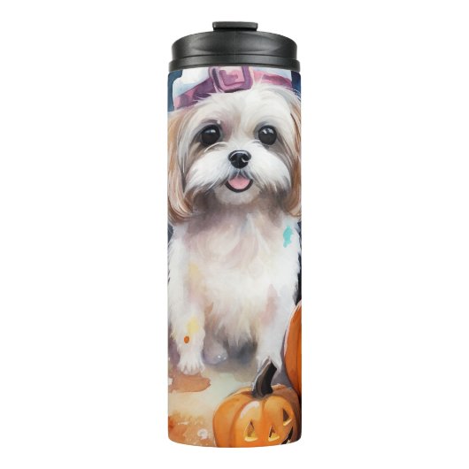 Halloween Malti Tzu met pompoenen eng Thermosbeker (Voorkant)