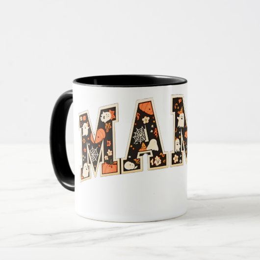 Halloween MAMA – Retro Varsity Ghost & Pumpk Mok (Voorkant links)