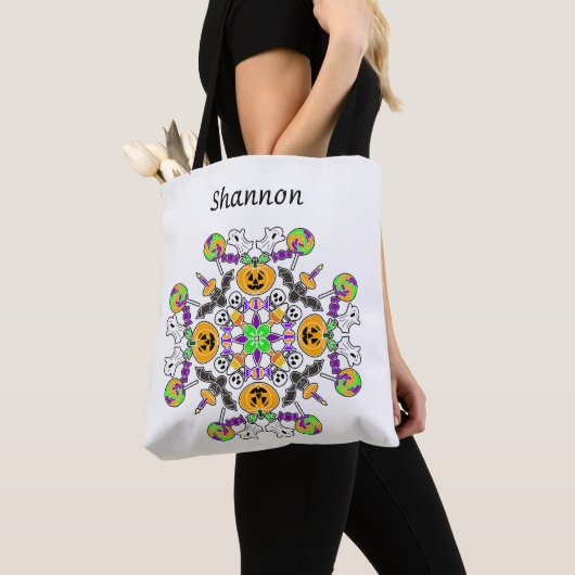 Halloween Mandala Ghosts, pompoenen, vleermuizen e Tote Bag (Dichtbij)