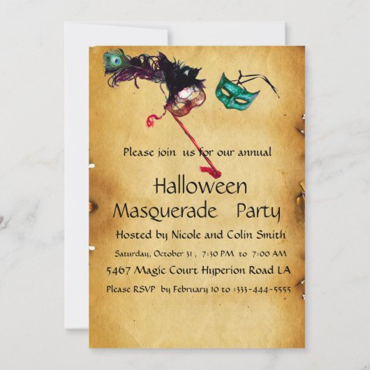 HALLOWEEN MASKERBAL, perkament Kaart (Achterkant)