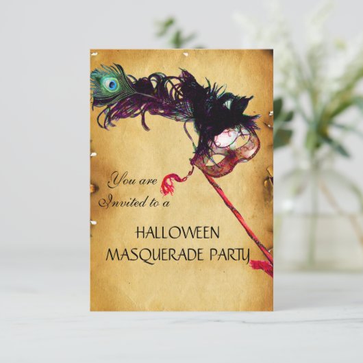 HALLOWEEN MASQUERADE PARTIJ, parchment rsvp Kaart (Staand voorkant)