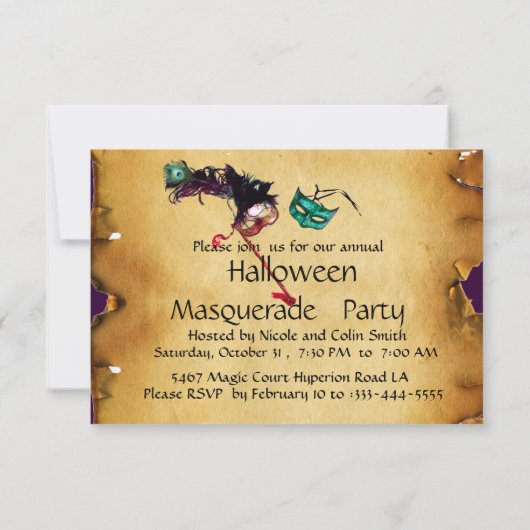 HALLOWEEN MASQUERADE PARTIJ, parchment rsvp Kaart (Achterkant)