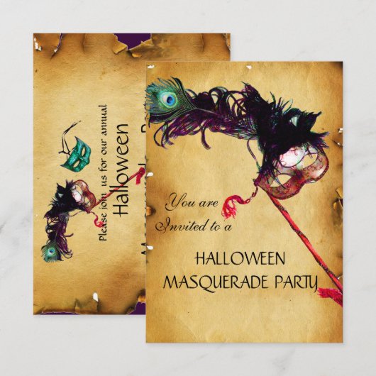 HALLOWEEN MASQUERADE PARTIJ, parchment rsvp Kaart (Voorkant / Achterkant)