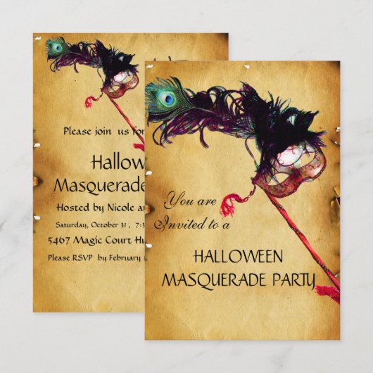 HALLOWEEN MASQUERADE PARTIJ, parchment rsvp Kaart (Voorkant / Achterkant)