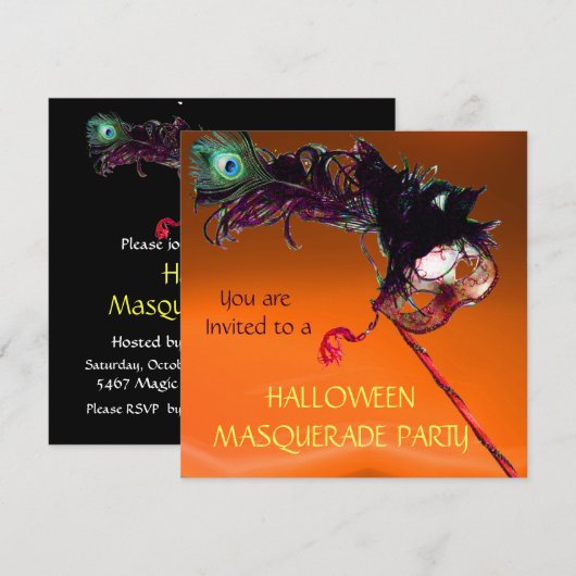 HALLOWEEN MASQUERADE PARTIJ, zwart-geel Sinaasappe Kaart (Voorkant / Achterkant)