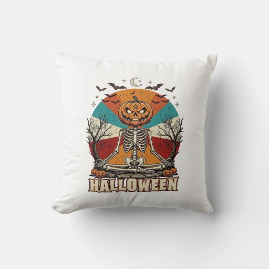 Halloween Mediterende Pompoen Skelet Retro Zon Ba Kussen (Voorkant)