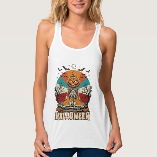 Halloween Mediterende Pompoen Skelet Retro Zon Ba Tanktop (Voorkant)