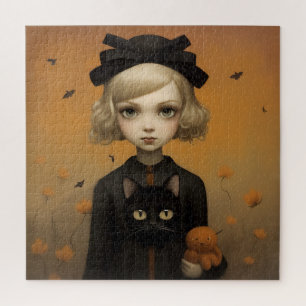 Halloween meisje en kat legpuzzel