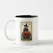 -halloween-meisje-heks-pompoen-zwart-wit- tweekleurige koffiemok (Links)