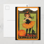  halloween-meisje-heks, pompoen, zwarte kat briefkaart (Voorkant / Achterkant)