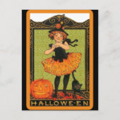  halloween-meisje-heks, pompoen, zwarte kat briefkaart (Voorkant)