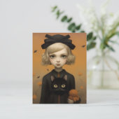Halloween meisje met kat briefkaart (Staand voorkant)