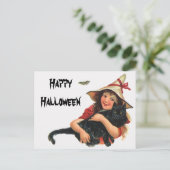  halloween, meisje met zwarte kat briefkaart (Staand voorkant)
