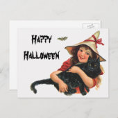 halloween, meisje met zwarte kat briefkaart (Voorkant / Achterkant)