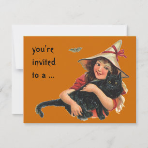 halloween, meisje met zwarte kat kaart