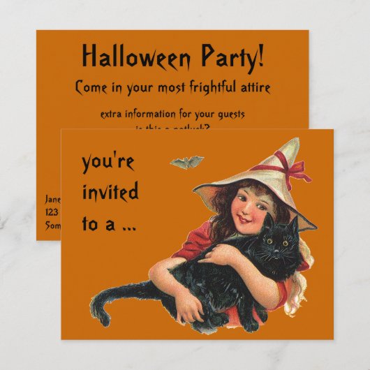  halloween, meisje met zwarte kat kaart (Voorkant / Achterkant)