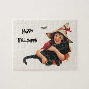  halloween, meisje met zwarte kat legpuzzel