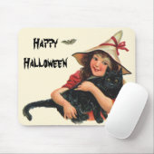 halloween, meisje met zwarte kat muismat (Met muis)