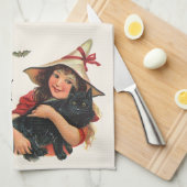  halloween, meisje met zwarte kat theedoek (Quarter Fold)