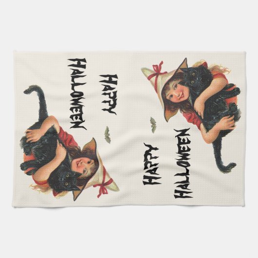  halloween, meisje met zwarte kat theedoek (Horizontaal)