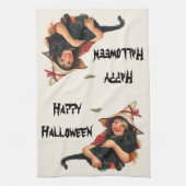  halloween, meisje met zwarte kat theedoek (Verticaal)