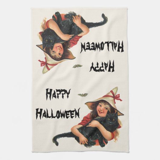  halloween, meisje met zwarte kat theedoek (Verticaal)