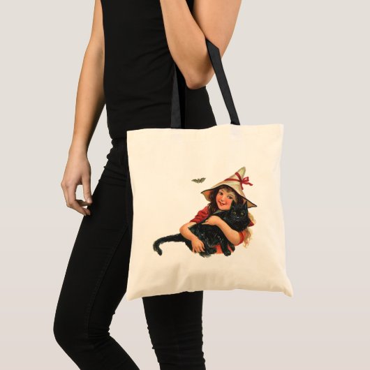 halloween, meisje met zwarte kat tote bag (Voorkant (product))