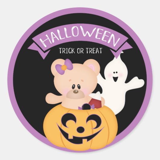 Halloween Meisje Teddybeer in Pompoen Ronde Sticker (Voorkant)