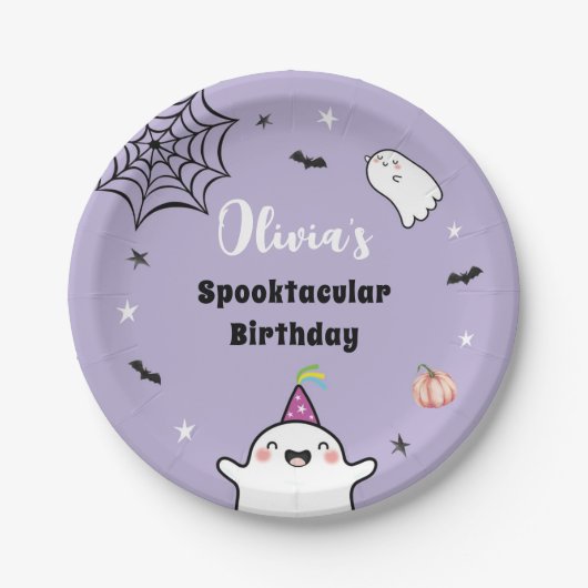 Halloween Meisje Verjaardag Paarse Leuke Geest Papieren Bordje (Voorkant)