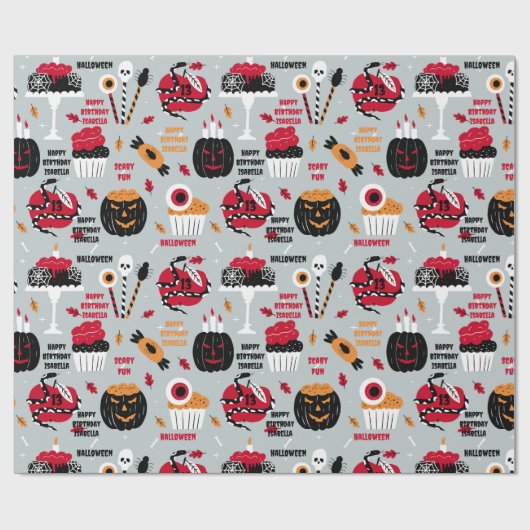 Halloween Meisje Verjaardagstaart Naam Enge Plezie Cadeaupapier (Vlak)