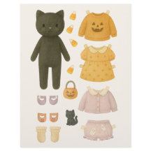Halloween Meisje Zwarte Kat Waterverf Papier Doll