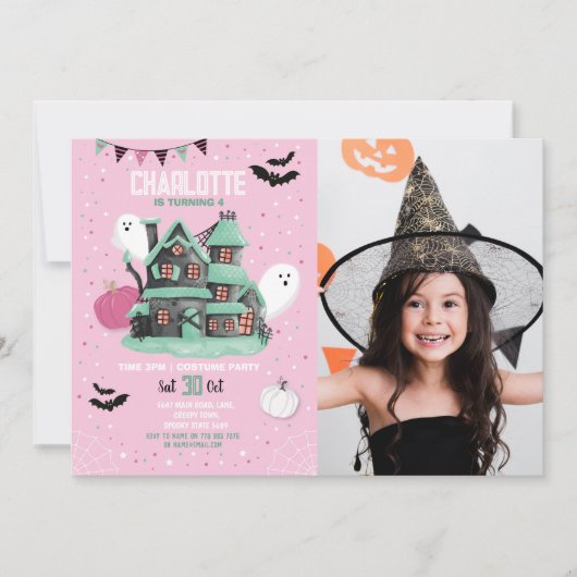 Halloween Meisjes Roze Leuk Huis Party Geesten Fot Kaart (Voorkant)
