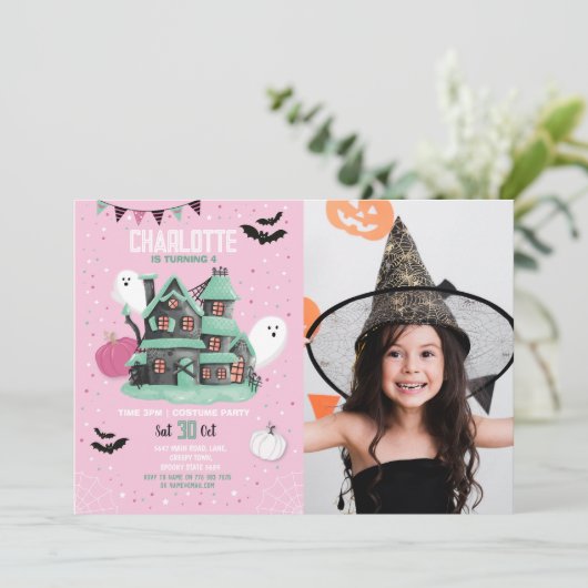 Halloween Meisjes Roze Leuk Huis Party Geesten Fot Kaart (Staand voorkant)