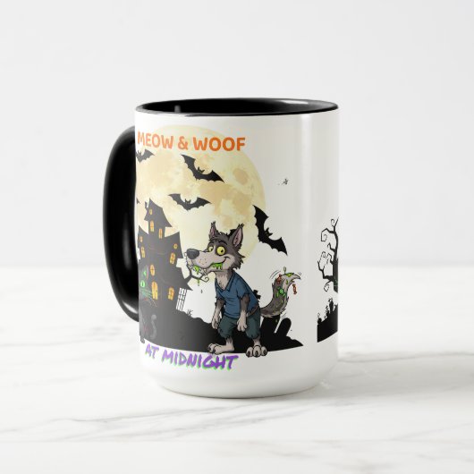 Halloween "Meow & Woof at Midnight" - Kat en weerw Mok (Voorkant links)