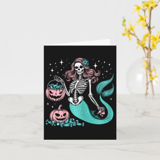 Halloween Mermaid Funny Skeleton Kaart (Gele Bloem)