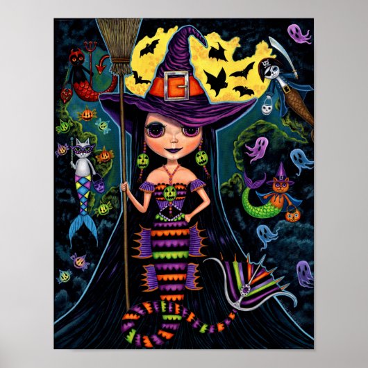 Halloween Mermaid Witch Mercats Ghosts Pumpkins Poster (Voorkant)