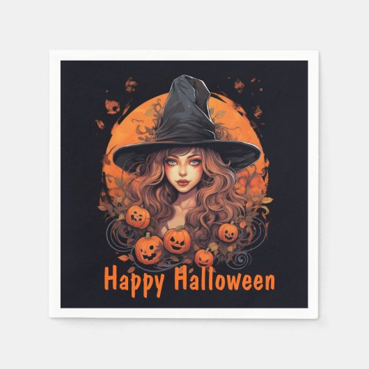 Halloween met heks en pompoenen servet (Voorkant)