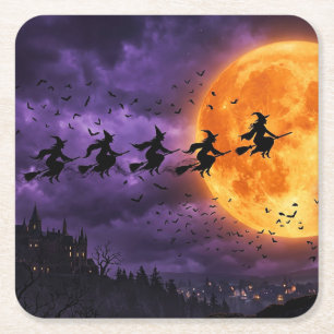 Halloween met Maan en Heks Kartonnen Onderzetters